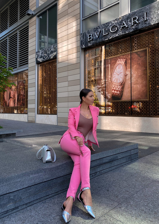 Pink Double-breasted Denim Blazer & Pants Set