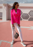 Fashion-forward pink blazer with gold-tone details, a timeless wardrobe essential