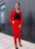 Command attention in this bold red double-breasted blazer suit