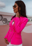 Bold and stylish pink blazer featuring gold buttons for a luxurious finish