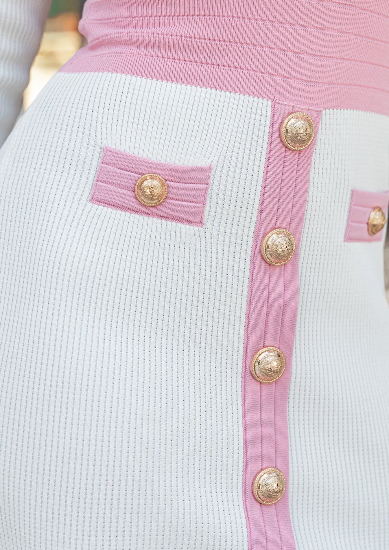 White & Pink Long Sleeve Ribbed Knit Mini Dress