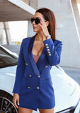 Satin Collar Blazer Dress With Gold Tone Buttons - Royal Blue