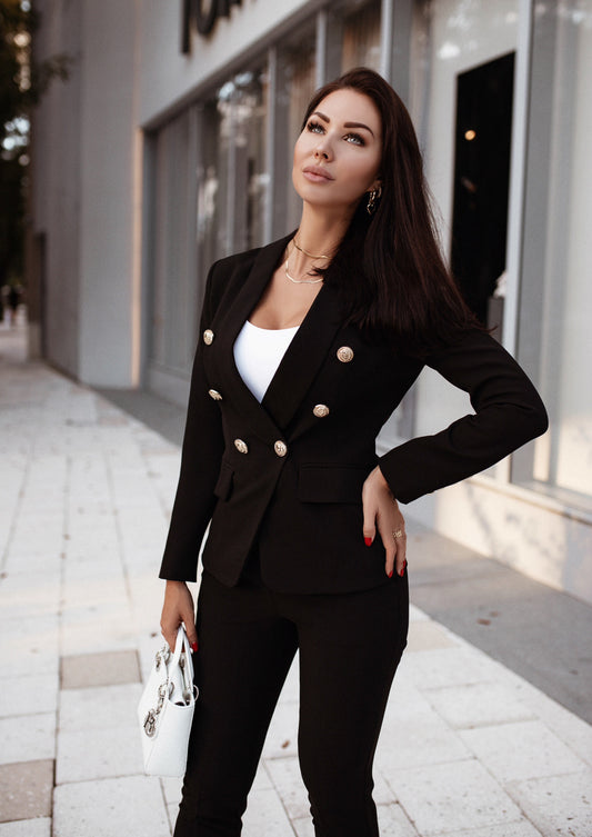 Classic black double-breasted blazer and pants set for a polished look.