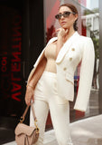 Creamy white tailored blazer with double breasted buttons and matching pants
