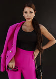 Fuchsia blazer and pants suit detailed with gold-tone embossed buttons