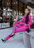 Fuchsia double breasted blazer and pants suit with gold buttons