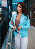 Turquoise Double-Breasted Blazer Gold Tone Buttons