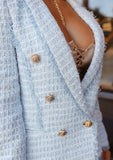 Double Breasted Long Tweed Blazer - Light Blue