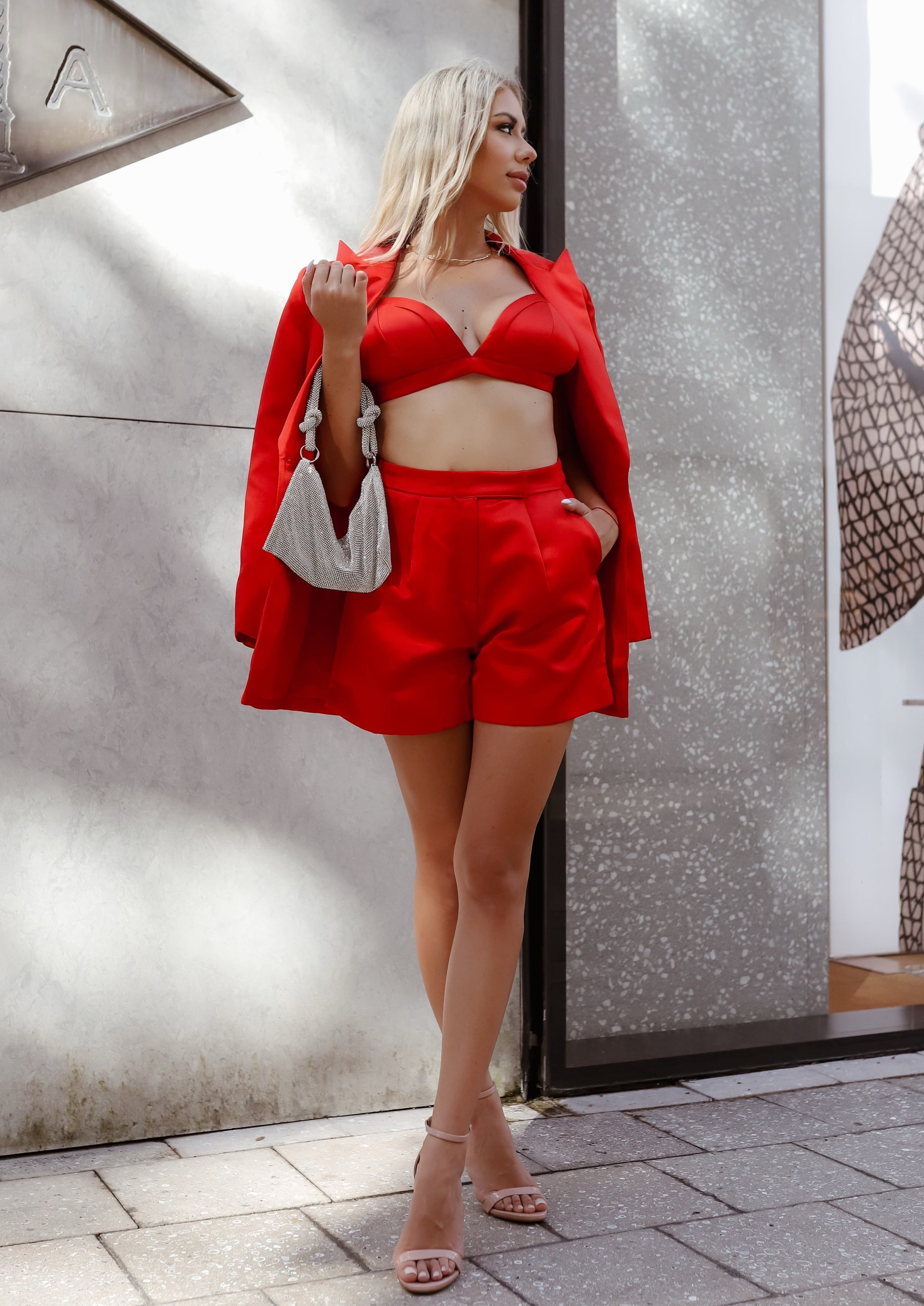 Silky Satin Blazer Top & Shorts 3 Set - Bright Red