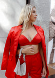Silky Satin Blazer Top & Shorts 3 Set - Bright Red