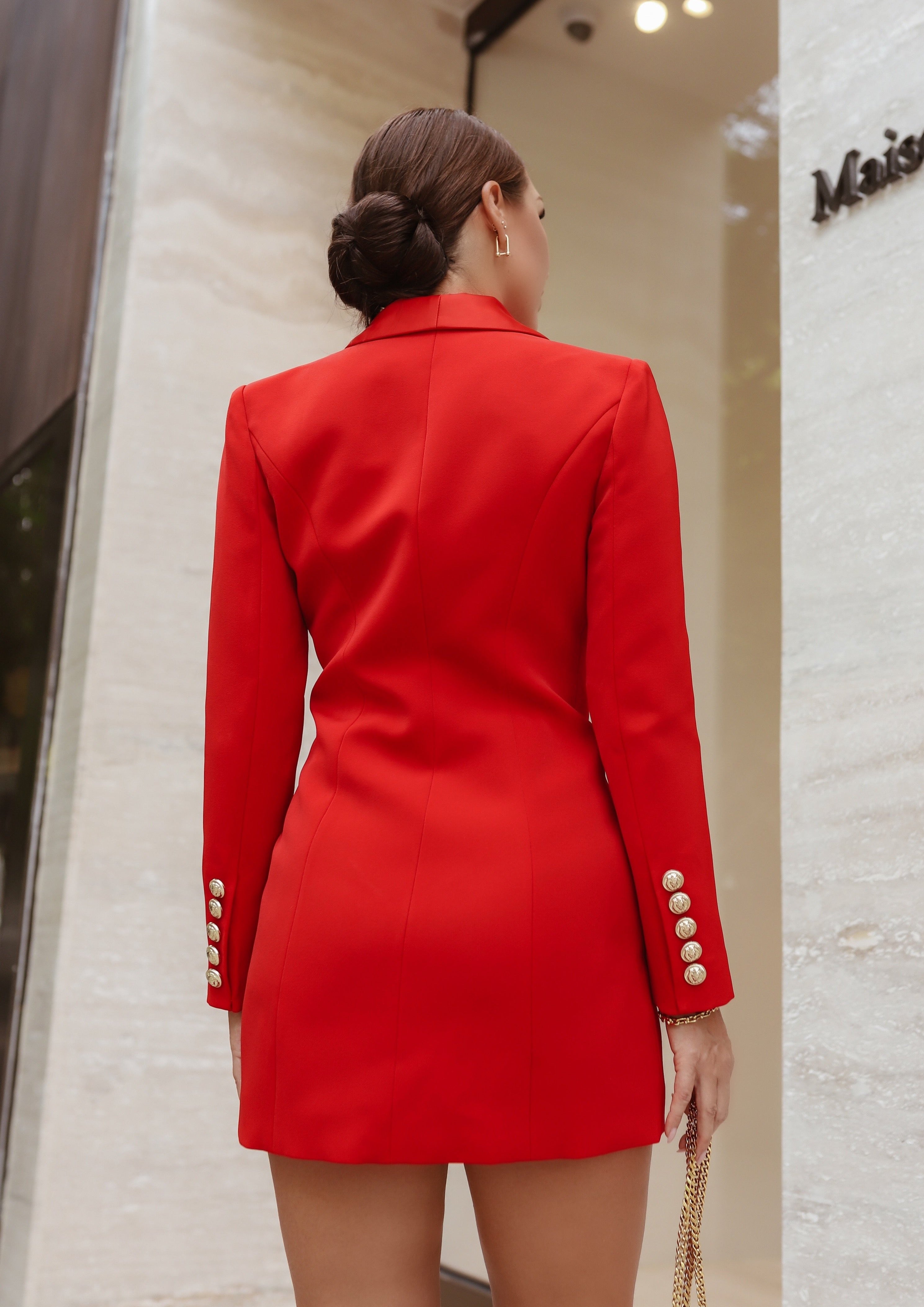 Satin Collar Blazer Dress With Gold Tone Buttons - Red