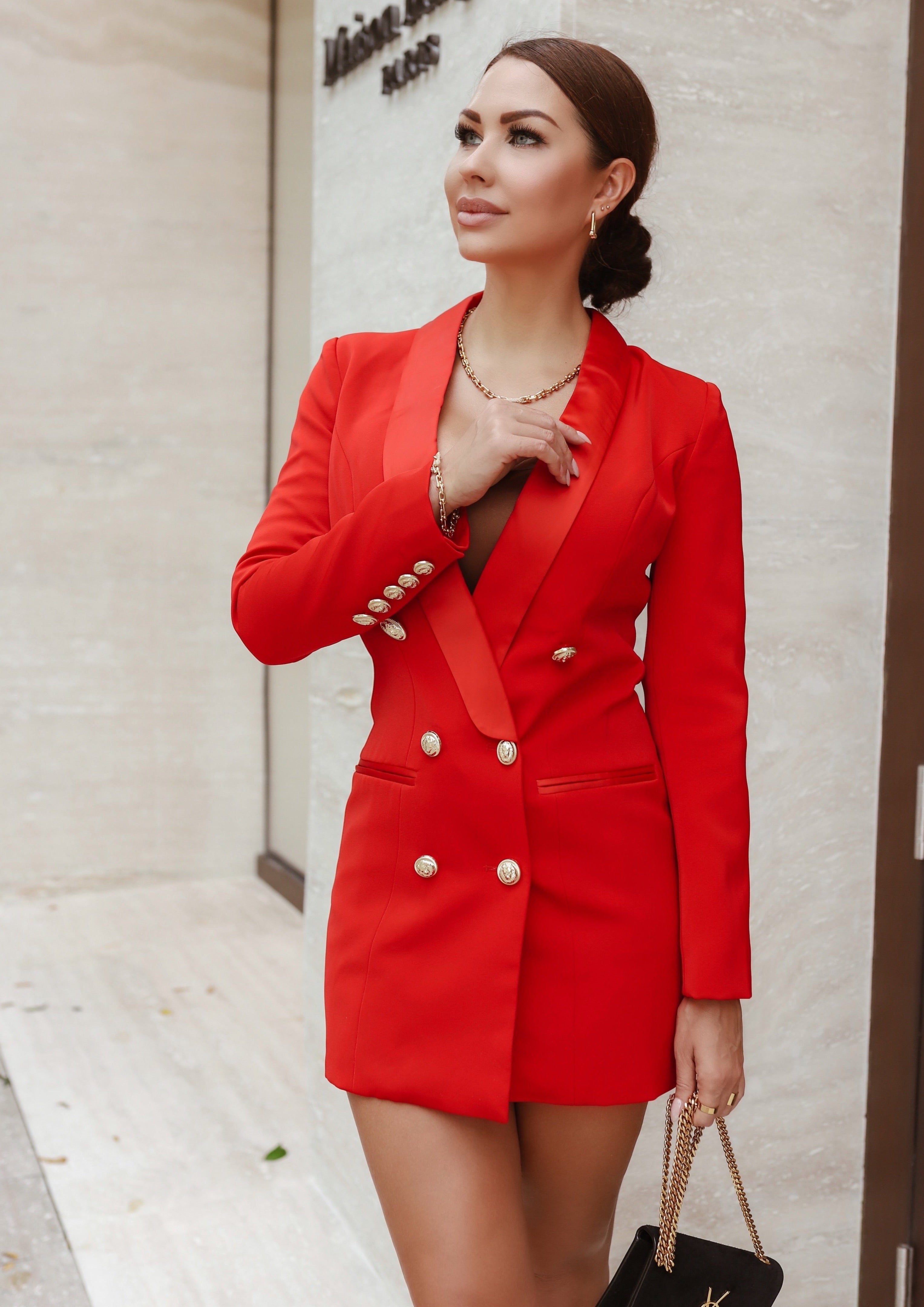 Satin Collar Blazer Dress With Gold Tone Buttons - Red