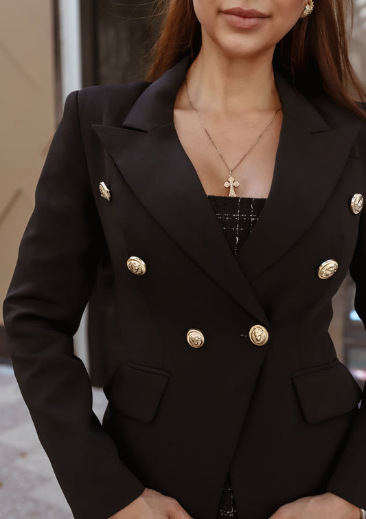 Black Double Breasted Blazer Gold Tone Buttons