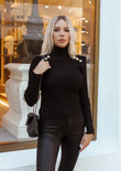 Gold Button-Embellished Turtleneck Sweater - Black