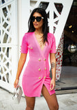 Sophia Knitted mini dress with gold tone buttons - Hot Pink