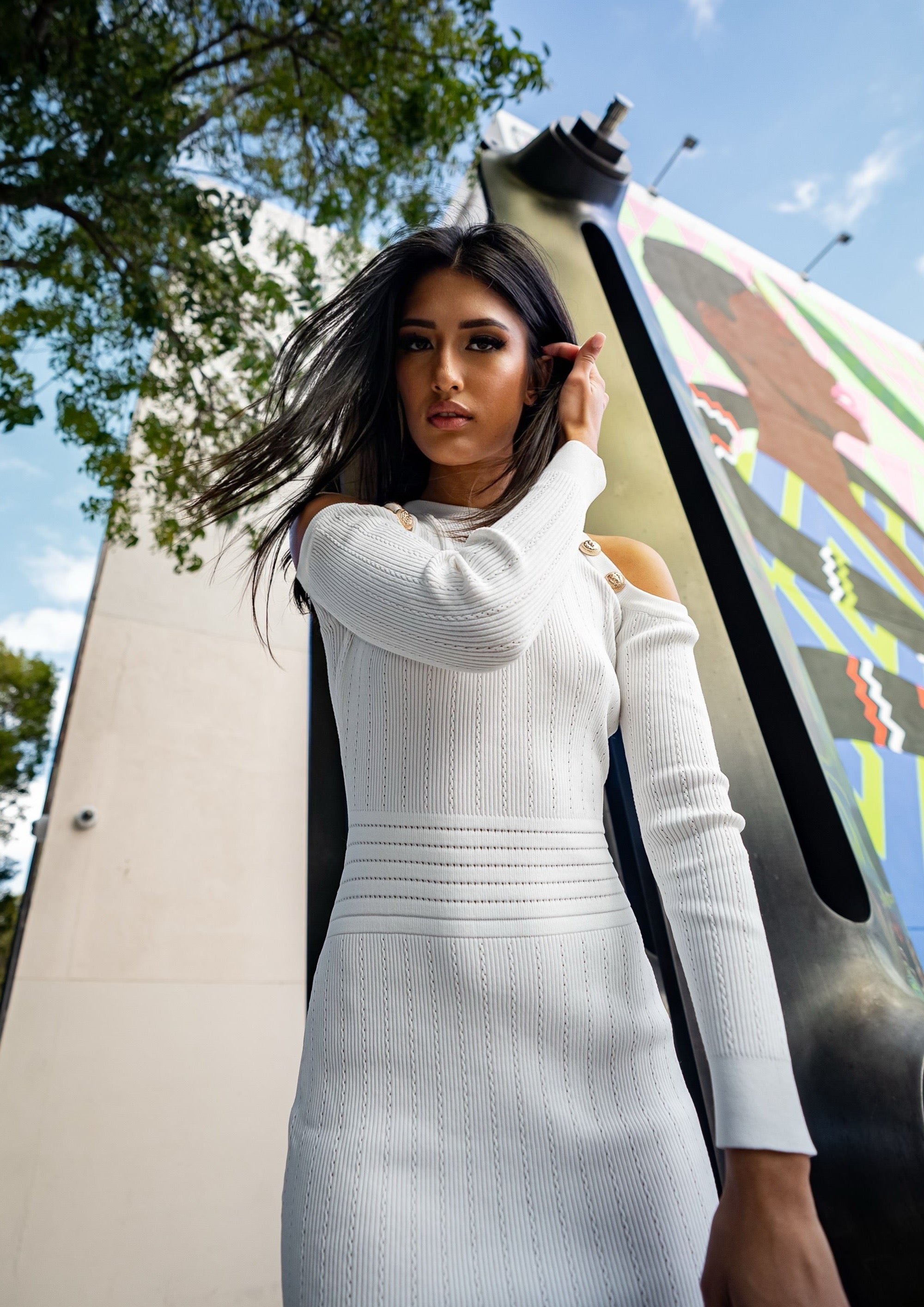 Pegasi white summer midi dress with soft fabric and shoulder cut-out detailing