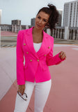 Bold and stylish pink blazer featuring gold buttons for a luxurious finish.