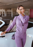 Pegasi Soft knitted three-piece set in Lavender – featuring a cozy top, cardigan, and pants for a stylish, effortless look.