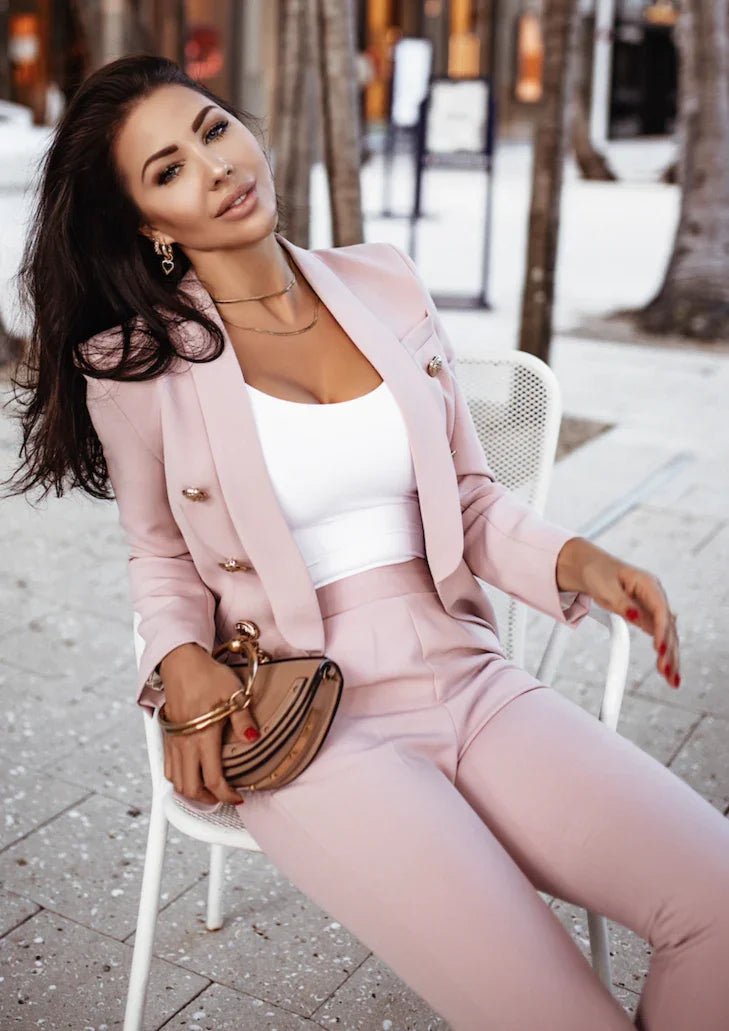 Pink double breasted blazer and pants suit for women with tailored fit