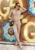 Soft knitted three-piece set in Beige – includes a cardigan, top, and pants for a cozy yet elegant look