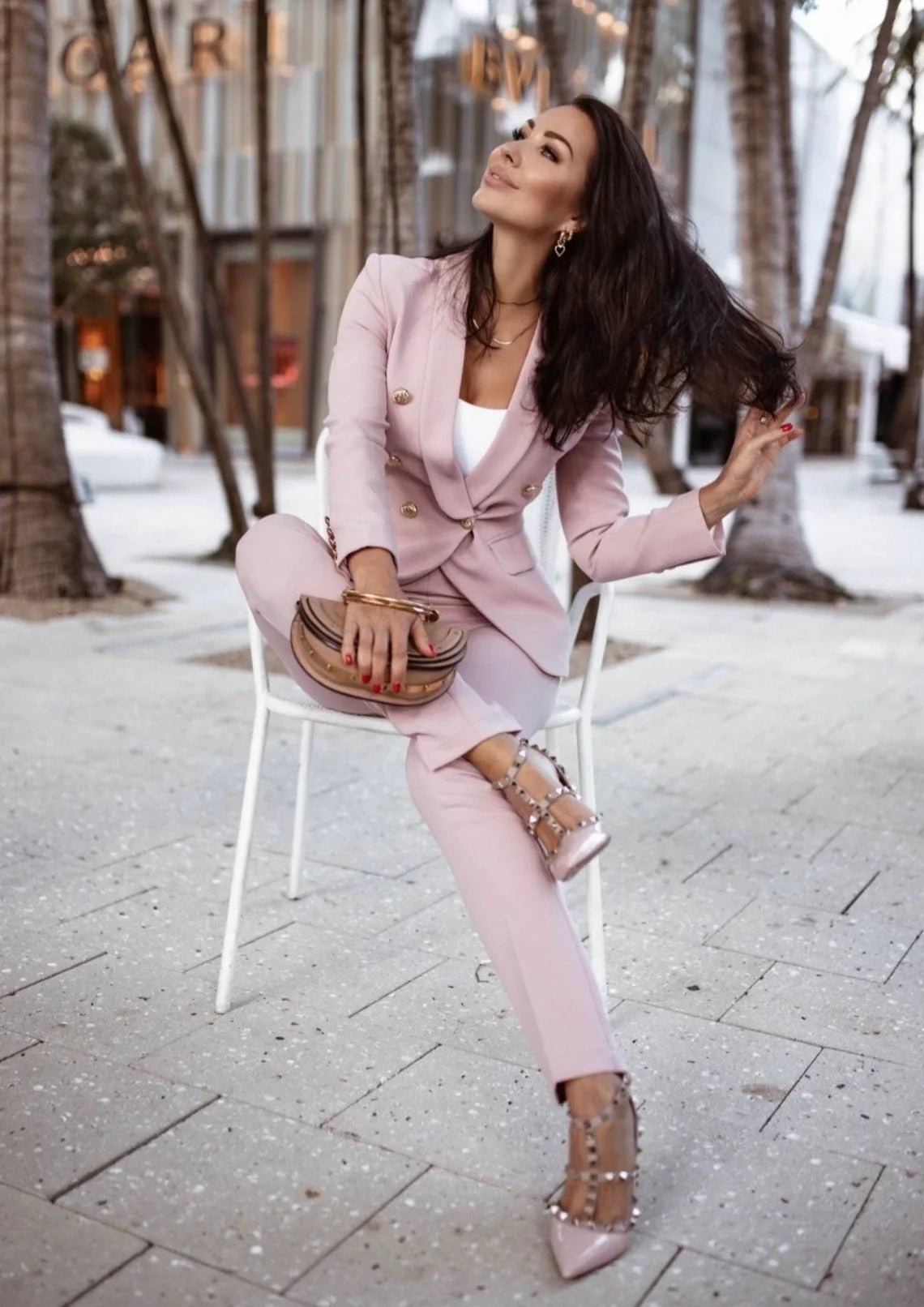 Tailored pink double breasted blazer with coordinating pants