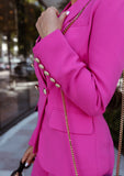 Women’s fuchsia blazer and pants suit with gold buttons by ShopPegasi