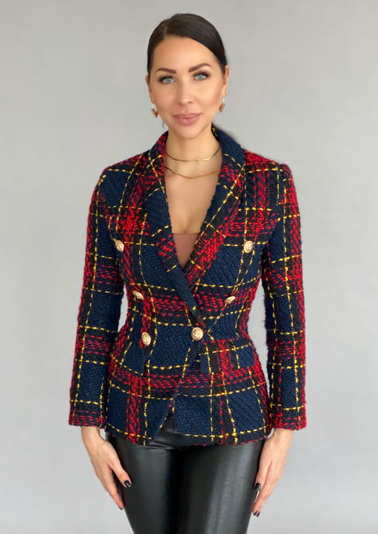 Double Breasted Checkered Tweed Blazer with Gold Buttons