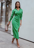 Fitted Knit Midi Dress with Long Sleeves- Green