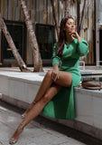 Fitted Knit Midi Dress with Long Sleeves- Green